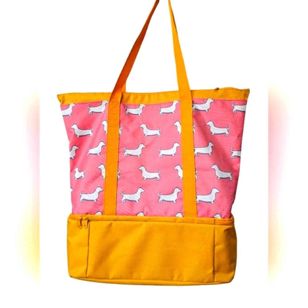 RARE Crown & Ivy Dashund Dog Large Cooler Tote Bag Pink & Orange Purse Mesh - Picture 2 of 9